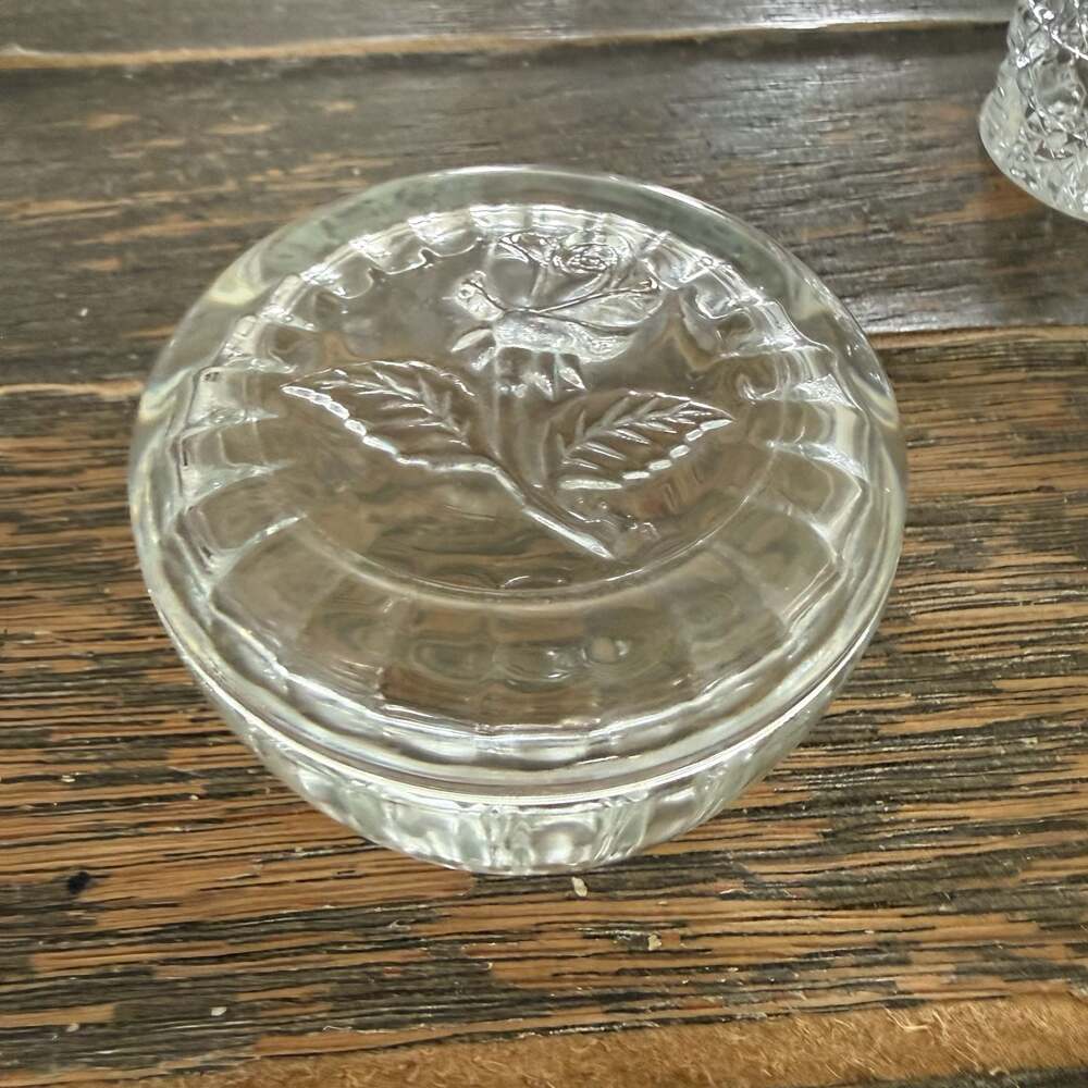 Vintage Clear Glass Lidded Trinket Dish with Rose Embossed Motif, Made in Italy